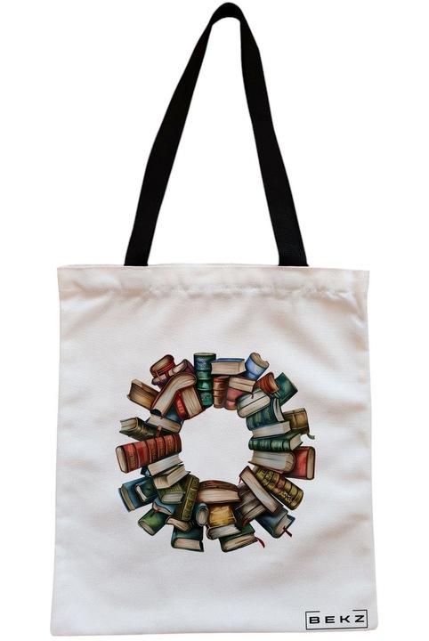 Textiltáska cipzárral, bevásárlótáska, könyvekkel és virágokkal, 18-as modell, 38 x 34,5 cm, fehér, BEKZ®