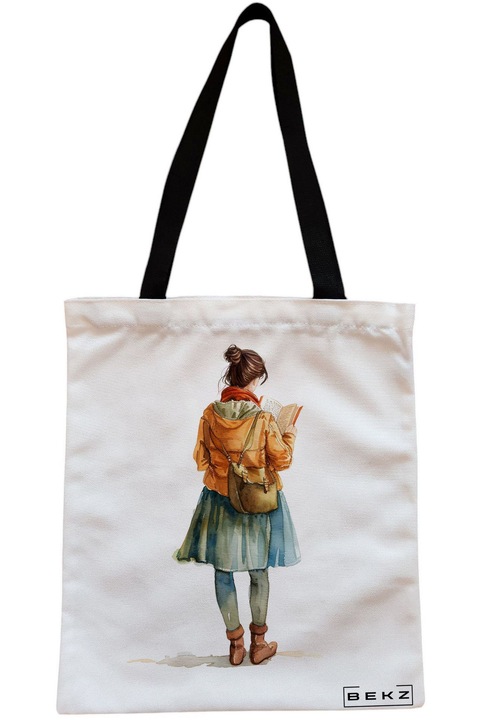 Textiltáska cipzárral, Vásárlótáska, A könyves lány modell 25 38 x 34,5 cm, Fehér, BEKZ®