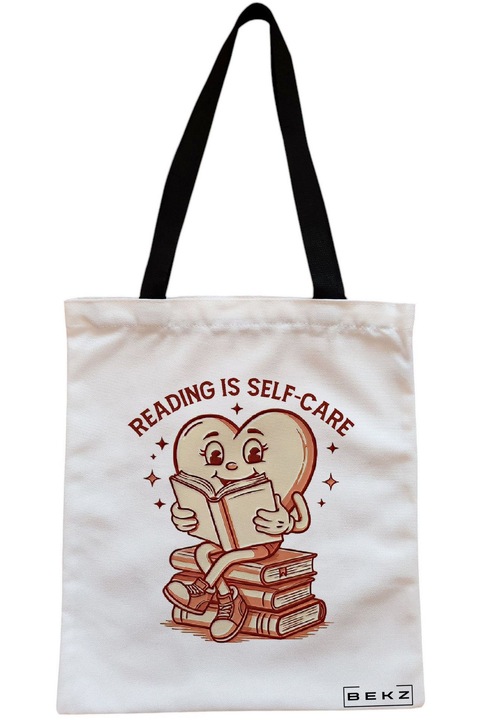 Textiltáska cipzárral, bevásárlótáska, Reading is self care modell 38 x 34,5 cm, fehér, BEKZ®