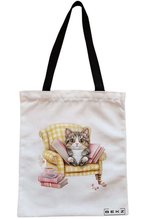 Textiltáska cipzárral, bevásárlótáska, Reading 7. macska modell 38 x 34,5 cm, fehér, BEKZ®