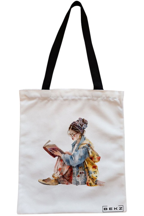 Textiltáska cipzárral, Vásárlótáska, A könyves lány modell 33 38 x 34,5 cm, Fehér, BEKZ®