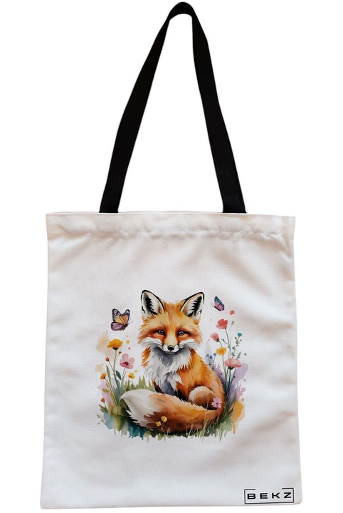 Textiltáska cipzárral, bevásárlótáska, róka és virág modell 38 x 34,5 cm, fehér, BEKZ®
