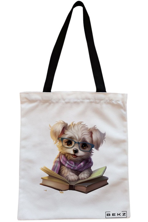 Textiltáska cipzárral, bevásárlótáska, olvasó kölyökkutya modell 26 38 x 34,5 cm, fehér, BEKZ®