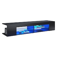 Comoda TV, Cu iluminare LED, 12 culori LED, RGB, Cu raft de sticla, negru, 180 x 39 x 30 cm