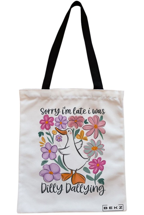 Textiltáska cipzárral, Vásárlótáska, modell: Bocsánat a késésért, sokat időztem 38 x 34,5 cm, Fehér, BEKZ®