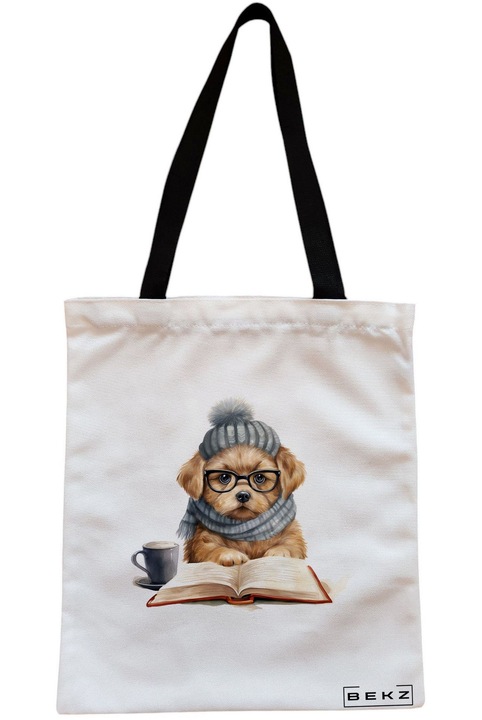 Textiltáska cipzárral, bevásárlótáska, olvasó kölyökkutya modell 10 38 x 34,5 cm, fehér, BEKZ®