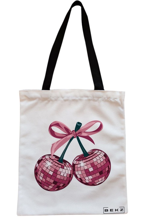 Textiltáska cipzárral, bevásárlótáska, cseresznye színű villogó mintás modell 38 x 34,5 cm, fehér, BEKZ®