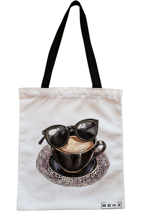 Textiltáska cipzárral, bevásárlótáska, stílusos kávémintás modell 38 x 34,5 cm, fehér, BEKZ®