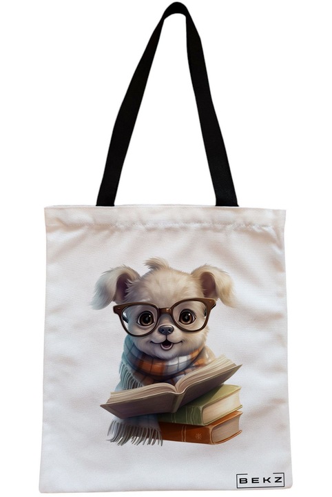 Textiltáska cipzárral, bevásárlótáska, olvasó kölyökkutya modell 23 38 x 34,5 cm, fehér, BEKZ®