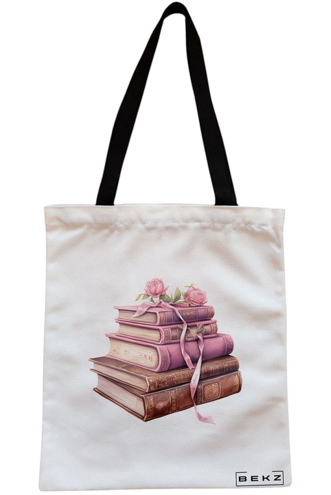 Textiltáska cipzárral, bevásárlótáska, könyvek és virágok 6. modell 38 x 34,5 cm, fehér, BEKZ®
