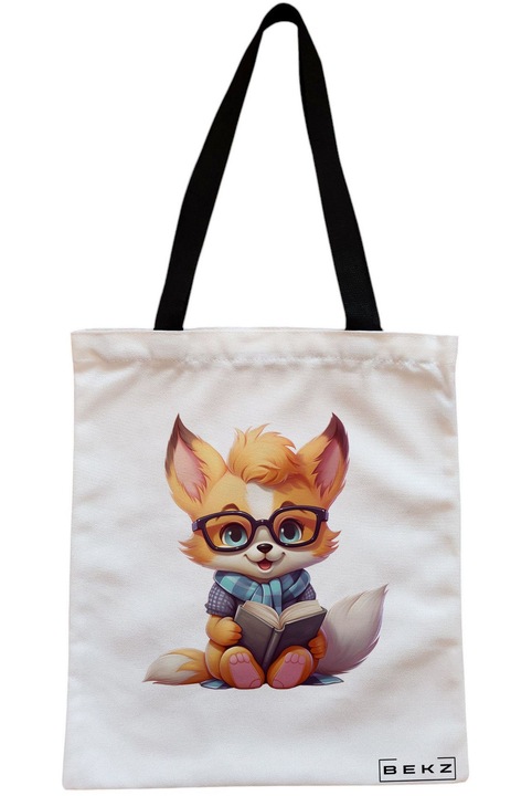 Sacosa Cumparaturi Textila cu Fermoar, Geanta Tote, model Reading puppy 29 38 x 34.5 cm, Alb, BEKZ®