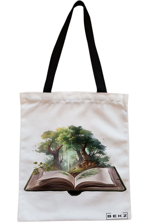 Sacosa Cumparaturi Textila cu Fermoar, Geanta Tote, model Books in the tropical 38 x 34.5 cm, Alb, BEKZ®