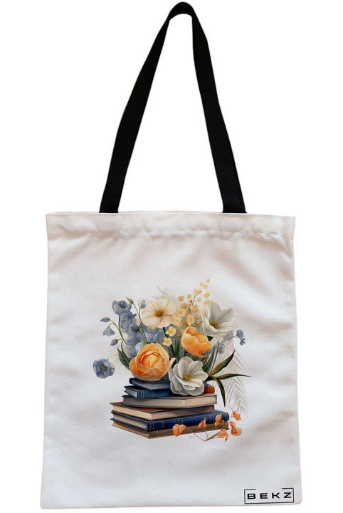 Sacosa Cumparaturi Textila cu Fermoar, Geanta Tote, model Books and flowers 17 38 x 34.5 cm, Alb, BEKZ®