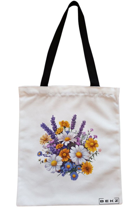 Sacosa Cumparaturi Textila cu Fermoar, Geanta Tote, model Flowers 13 38 x 34.5 cm, Alb, BEKZ®