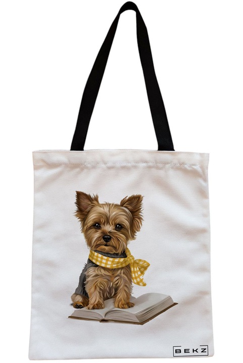 Sacosa Cumparaturi Textila cu Fermoar, Geanta Tote, model Reading puppy 18 38 x 34.5 cm, Alb, BEKZ®