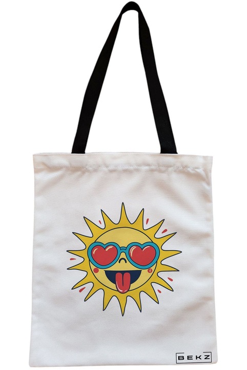 Sacosa Cumparaturi Textila cu Fermoar, Geanta Tote, model Sun faces 13 38 x 34.5 cm, Alb, BEKZ®