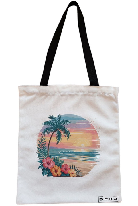 Sacosa Cumparaturi Textila cu Fermoar, Geanta Tote, model Tropical Sunset 5 38 x 34.5 cm, Alb, BEKZ®