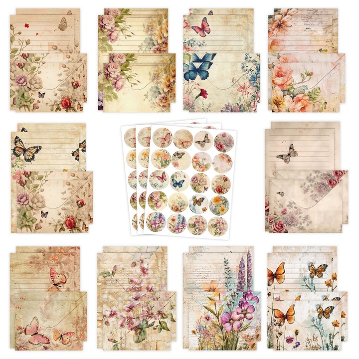 Vintage pillangós írópapírkészlet, BOMSTOM, 50 lap, 50 boríték, 60 matrica, 10 minta, 14x21cm, 11x14.6cm