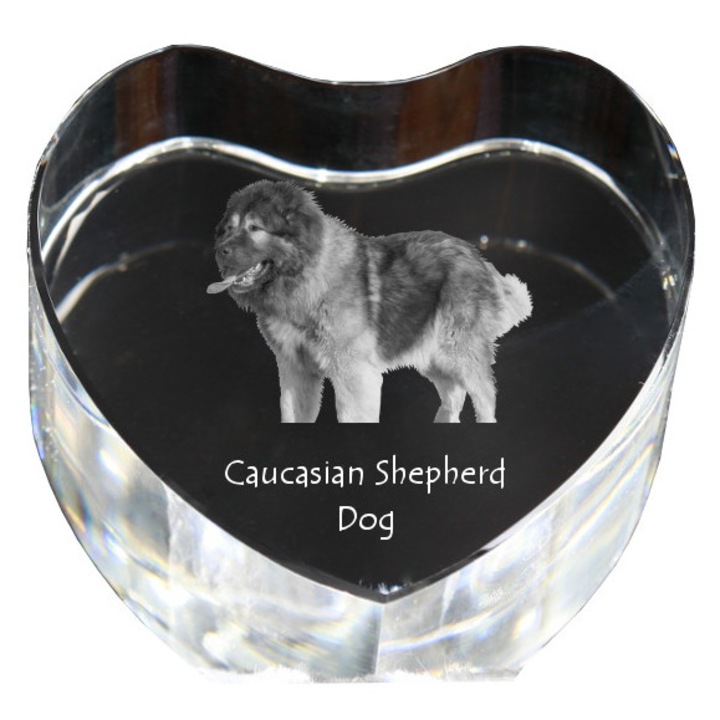Kristály szív személyre szabott fényképpel, Art-Dog, 7,5x8x5cm, dekoratív, kaukázusi juhászkutya modell