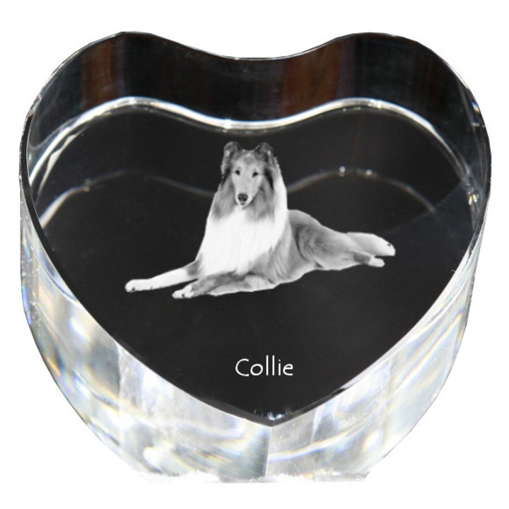 Kristály szív személyre szabott fényképpel, Art-Dog, 7,5x8x5cm, dekoratív, Collie modell