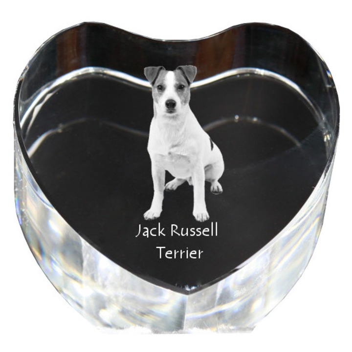 Kristály szív személyre szabott fényképpel, Art-Dog, 7,5x8x5cm, egyedi dekoráció, Jack Russell Terrier modell