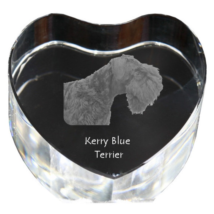 Kristály szív személyre szabott fényképpel, Art-Dog, 7,5x8x5cm, Kerry Blue Terrier modell