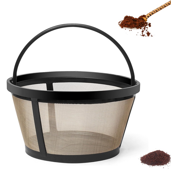 Filtru de Cafea Reutilizabila, SINBINTA, Capacitate 8 cesti, Cu maner, Rpermeabilitatea este buna, Ochiurile de plasa sunt bune, Rezistent la coroziune si rugina, Usor de curatat, Otel inoxidabil, 8.2x6.2cm, Negru