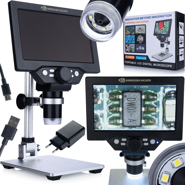 Microscop digital Rosfix NanoZoom AX1200, 7" LCD, 12MP, 1200x, LED, set complet