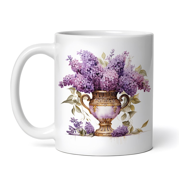 Cana alba personalizata, Vaza antica aurie cu flori de liliac, INOVATIX®. 330ml