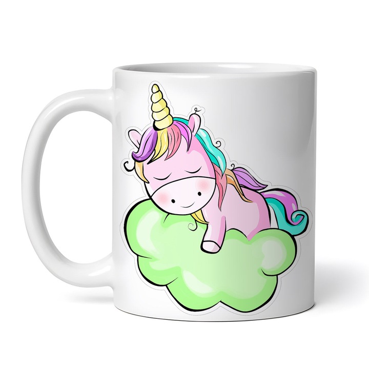 Személyre szabott fehér kerámia bögre, Unikornis alszik a zöld felhőn, 330ml