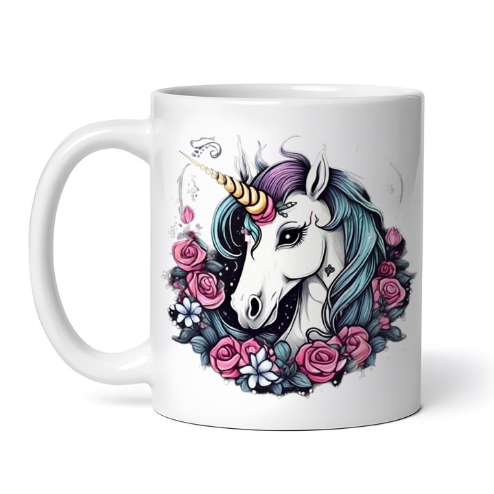 Személyre szabott kerámia bögre, Unikornis rózsákkal, 330ml, fehér