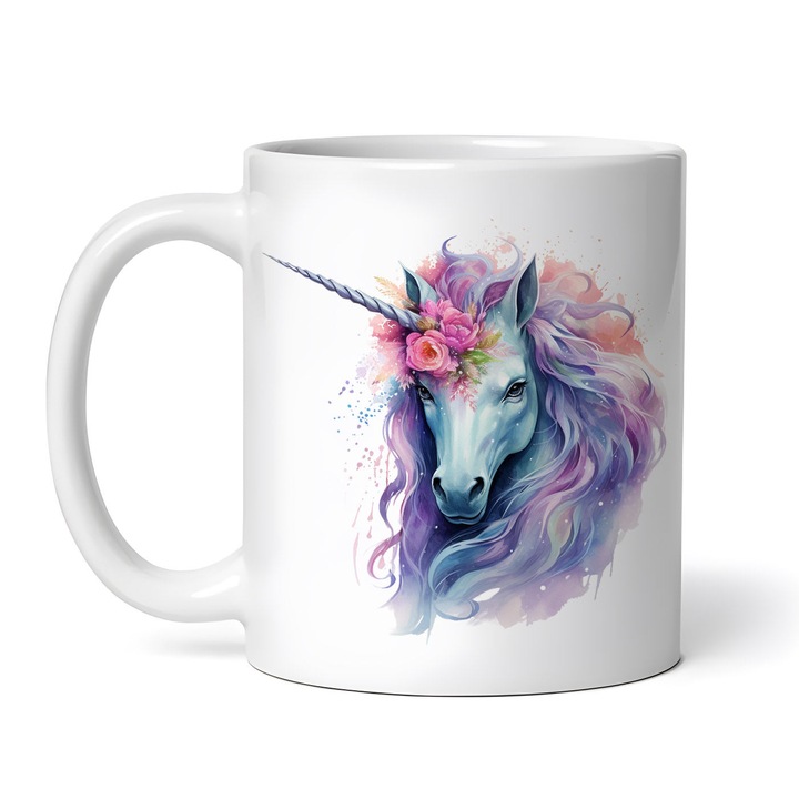 Személyre szabott kerámia bögre, Unikornis virágokkal, 330ml