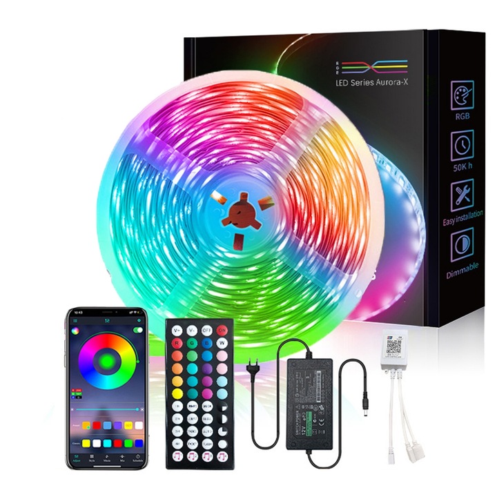 5 м самозалепваща LED лента, влагоустойчива IP20 за вътрешна употреба, 54 LED/м 5050 RGB, Bluetooth приложение, режим за промяна на цвета с музика, дистанционно управление, регулируема многоцветна интензивност на светлината, за вътрешна употреба и в кола