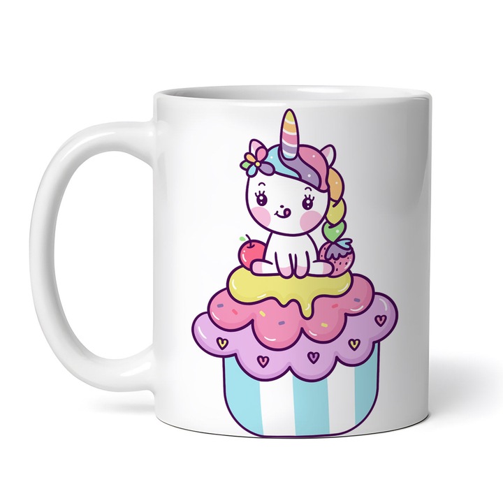 Személyre szabott fehér bögre, Unikornis macska tortán, kerámia, 330ml