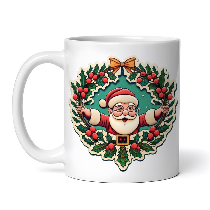 Персонализирана бяла керамична чаша Дядо Коледа с гирлянд, 330 мл