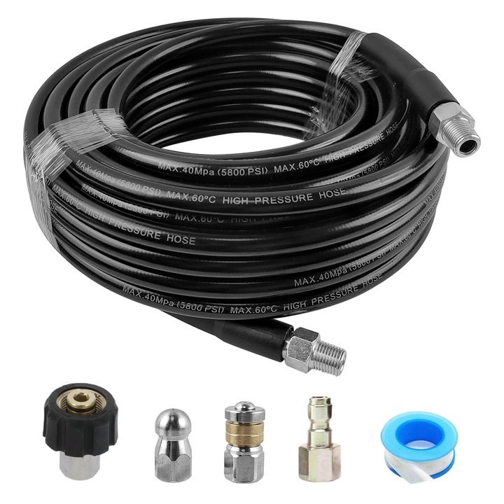 Csatornatisztító fúvóka készlet, 15m, 5800PSI, 3 rétegű védelem, fekete