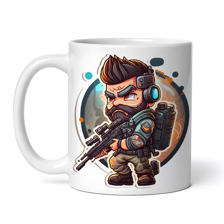 Cana alba personalizata, Luptator cu mitraliera, INOVATIX®. 330ml