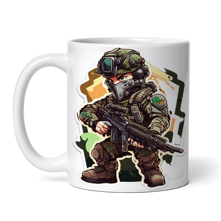 Cana alba personalizata, Luptator forte speciale cu mitraliera, INOVATIX®. 330ml