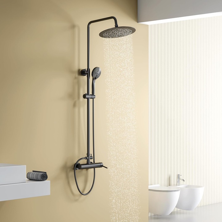 Coloana de dus YOOZENA, cu baterie, para dus tip ploaie cu diametrul 25 cm, inaltime reglabila, culoare negru