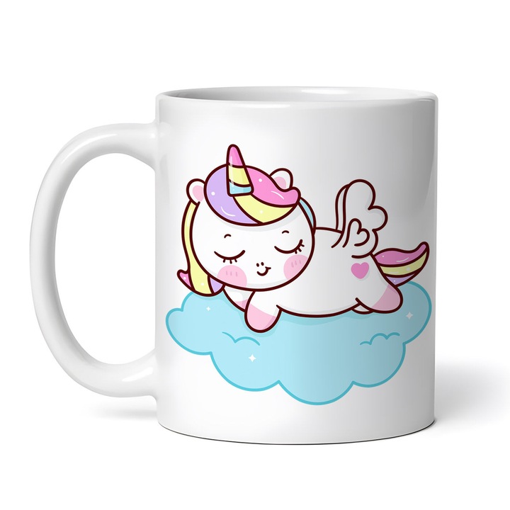 Személyre szabott fehér bögre, Valentin-nap, unikornis a felhőn, kerámia, 330ml