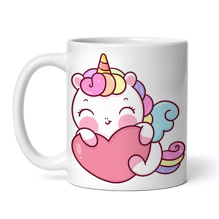 Személyre szabott kerámia bögre Valentin-napra, unikornis szívvel, 330ml