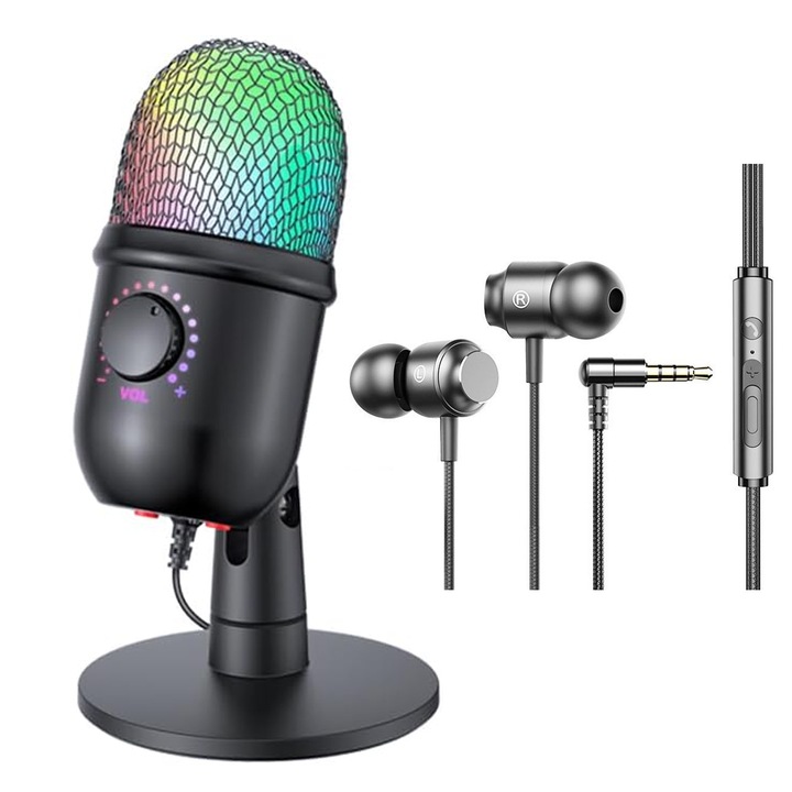 Microfon Condensator, SINBINTA, Cu casca, Lumina RGB, Cardioid, Reducere zgomot fundal, Conexiune USB, Functie mute, Compatibil Win/Mac, Pentru gaming, inregistrari, streaming, Metal, 17x9x9cm, Negru