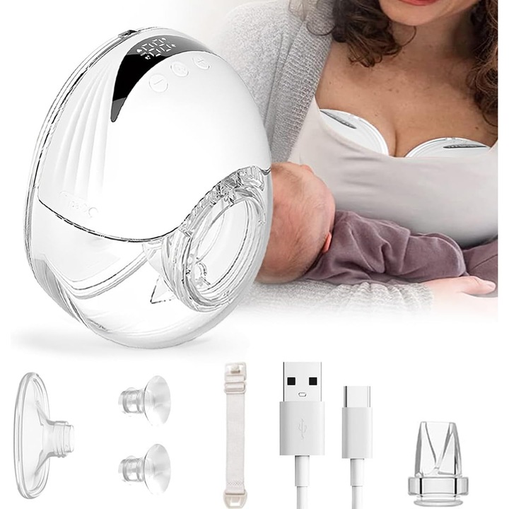 Преносима електрическа помпа за кърма 210 мл, без ръце, 4 режима, 12 нива, LED дисплей, фланци 24/21/19 мм, без BPA, бяла