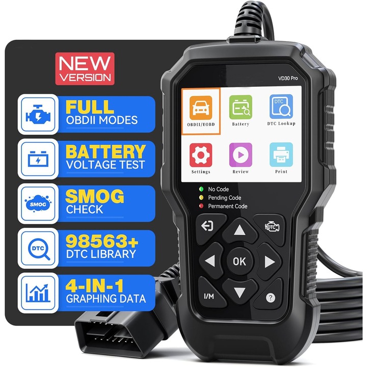 OBD II автомобилен диагностичен тестер, MOSMAOO, четене/изчистване на кодове за грешки, LCD екран, данни в реално време, Plug and Play, универсален, черен