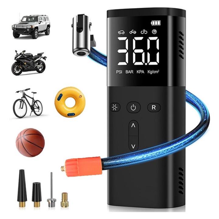 Compresor auto portabil, 10.34 bar, negru, 6.8x4.8x17.5cm, set cu 4 conectori