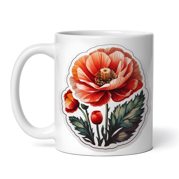 Cana alba personalizata, Flori de mac, INOVATIX®. 330ml