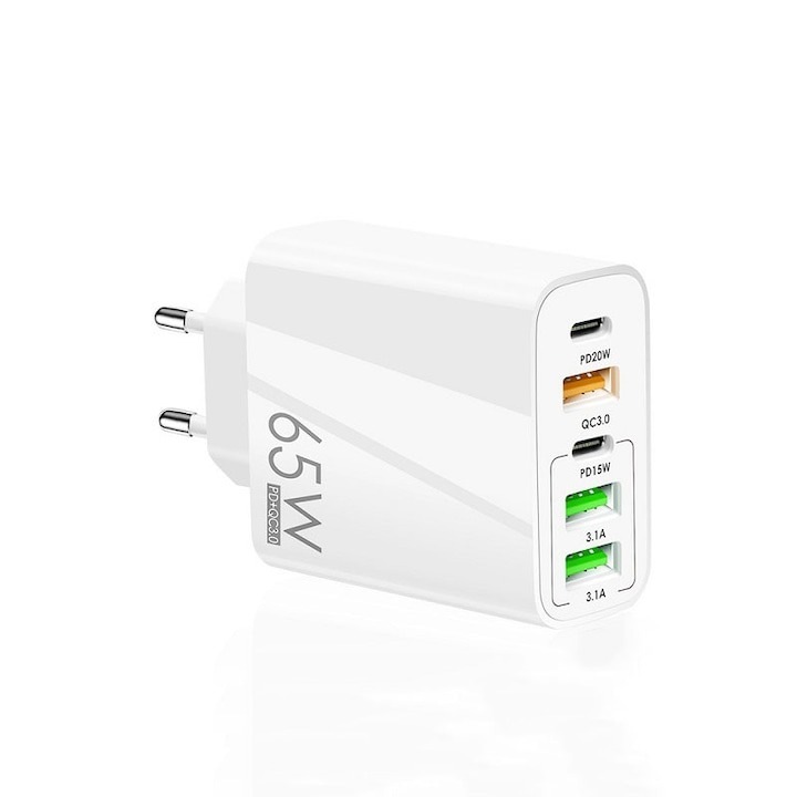 5 portos töltő, 2 x Type-C, 3 x USB, gyorstöltés, 65 W, univerzális, Type-C kábel mellékelve, fehér, Dactylion®