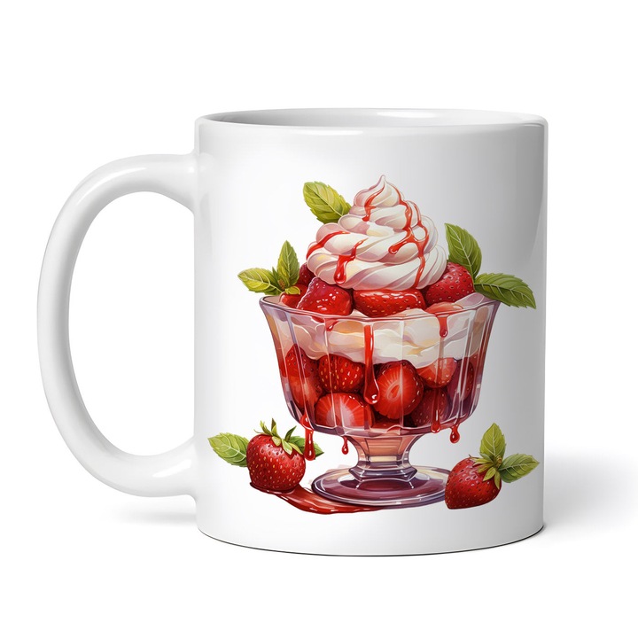 Cana alba personalizata, Cupa cu capsune frisca si menta, INOVATIX®. 330ml