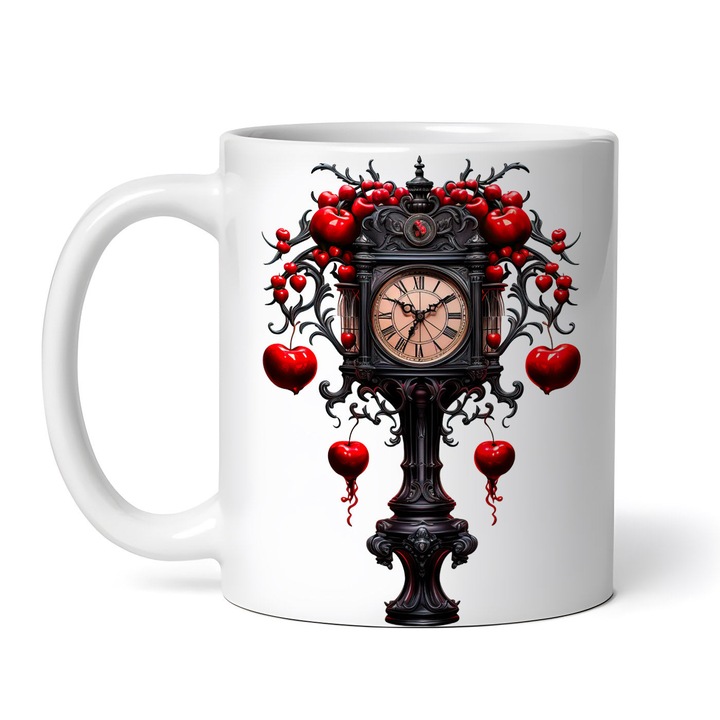 Cana alba personalizata, Ceas stradal vintage negru cu fructe rosii, INOVATIX®. 330ml