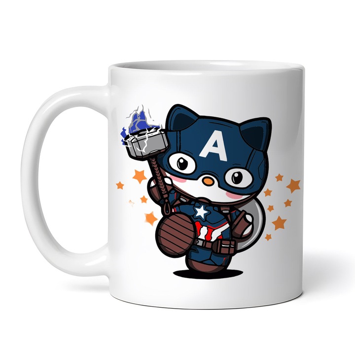 Cana alba personalizata, Captain America Hello Kitty supererou, INOVATIX®. 330ml
